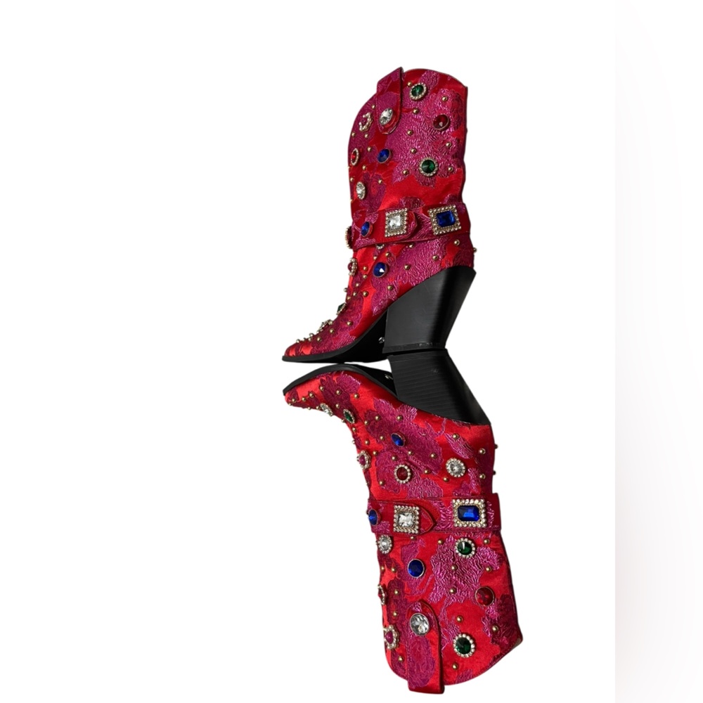 πΌπππNWOT AZALEA WANG DILIGENT RED BROCADE AND GEMS WESTERN BOOTIE. No box - Picture 11 of 15